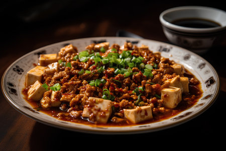 Pork Tofu with Soy Sauce and Green Onions on Wooden Tableの素材