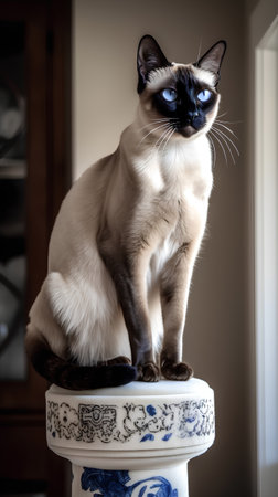Siamese cat with blue eyes sitting on a white vaseの素材