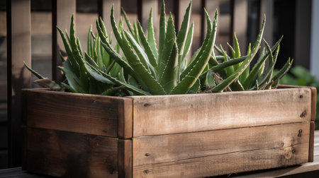 Aloe vera plant in a wooden box on the terraceの素材