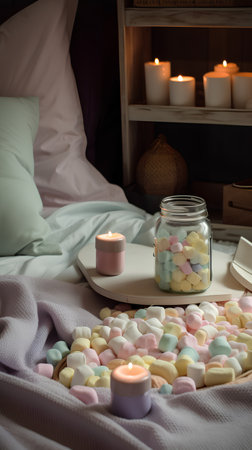 Valentine's day concept. Colorful marshmallow in a glass jar and burning candles in the backgroundの素材