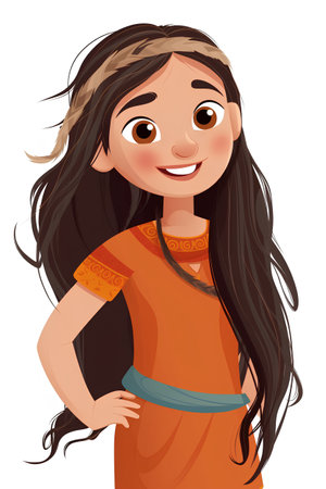 Vector illustration of a girl with long hair in an orange dress.の素材