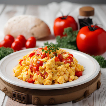 Scrambled eggs with tomatoes and parsley on a wooden backgroundの素材