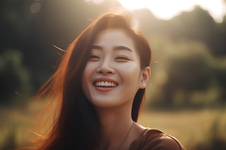 Portrait of a beautiful young asian woman smiling and looking at cameraの素材