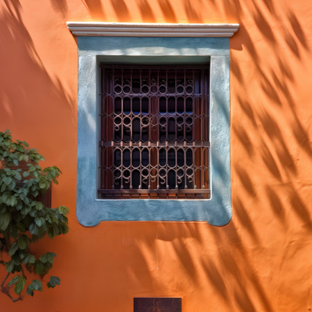 Old window with orange wall and green plant in the corner of the buildingの素材