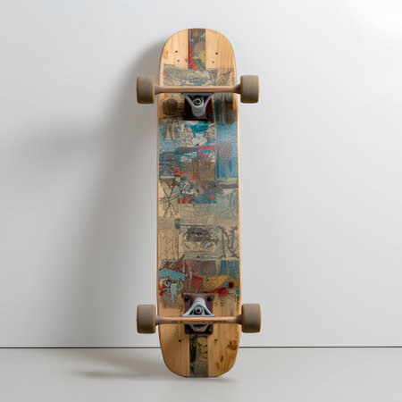 Wooden skateboard on white background, top view, copy spaceの素材