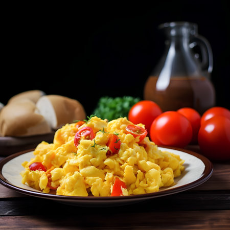 Scrambled eggs with tomatoes and herbs on a black background.の素材