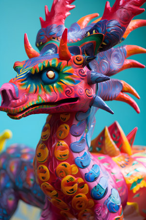 colorful dragon statue on blue background, closeup. Chinese new year conceptの素材