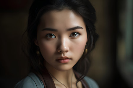 Portrait of beautiful young asian woman looking at camera in cafeの素材