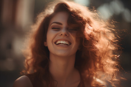 Portrait of a beautiful young woman with long curly red hair.の素材