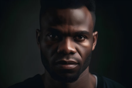 Portrait of a black man looking at the camera on a dark backgroundの素材
