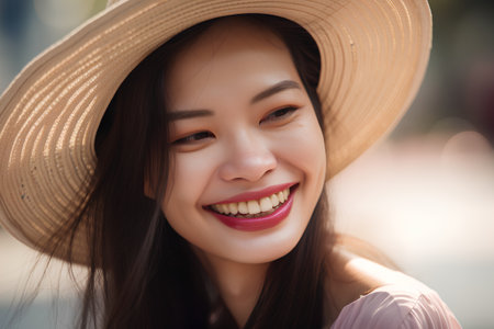 Portrait of a beautiful asian woman in hat smiling and looking at cameraの素材
