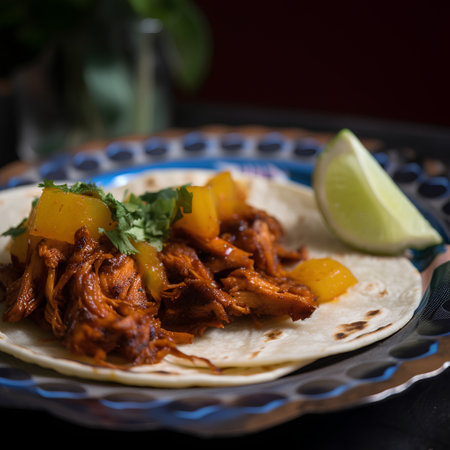 tacos with pork and mango, selective focus, close upの素材