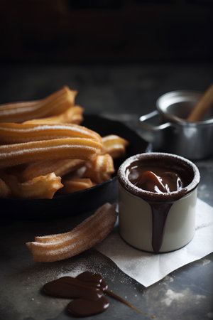 Churros with chocolate sauce on a dark background, selective focusの素材