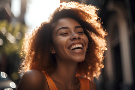 Close up portrait of beautiful young african american woman laughing outdoorsの素材
