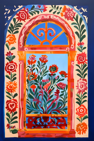 Watercolor painting of a window with floral ornament on a blue backgroundの素材