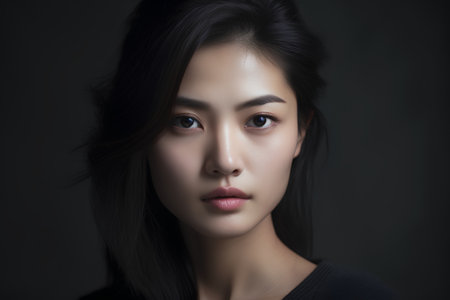 Portrait of beautiful asian woman with clean fresh skin, on dark backgroundの素材