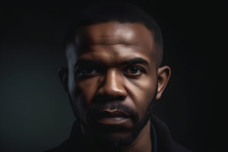 Close up portrait of a young african american man in a dark studioの素材