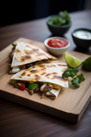 Mexican quesadilla with chicken and vegetables on wooden boardの素材