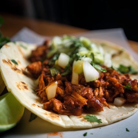 Traditional mexican tacos with meat and vegetables, selective focus.の素材