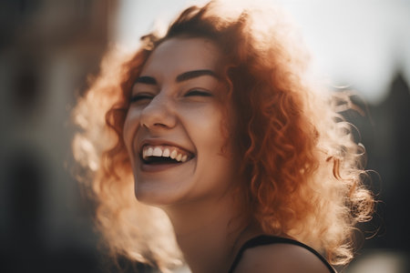 Portrait of a beautiful redhead girl with curly hair laughing outdoorsの素材