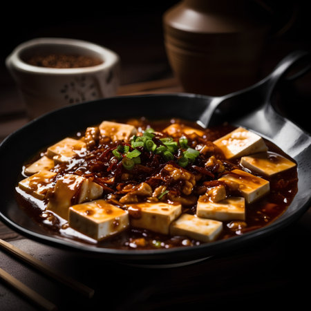 Tofu and soy sauce in a pan on a dark backgroundの素材