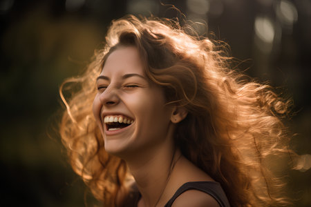 Portrait of a happy young woman with long curly hair in the parkの素材