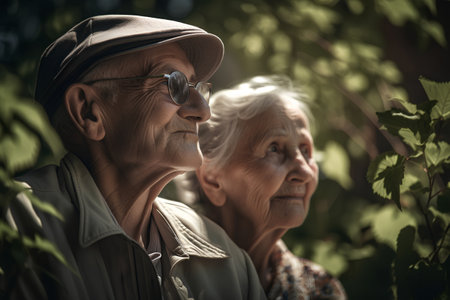 Portrait of a senior couple in the garden. Selective focus.の素材