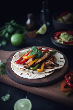 Traditional mexican tacos with meat and vegetables on wooden board.の素材