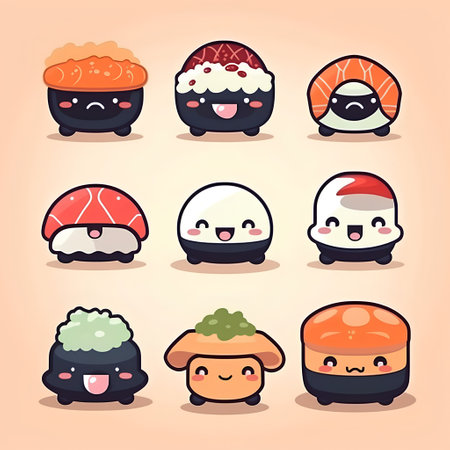 Cute Kawaii Sushi Emoji Set Vector Illustration.の素材