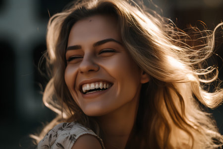 Close up portrait of a beautiful smiling young woman with long hair.の素材