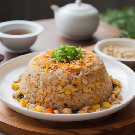 Chinese fried rice with vegetables and herbs on a plate in a restaurantの素材