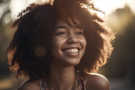Portrait of a beautiful young african american woman laughing outdoorsの素材
