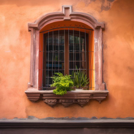 Old window with shutters and plants on the orange wall of the buildingの素材