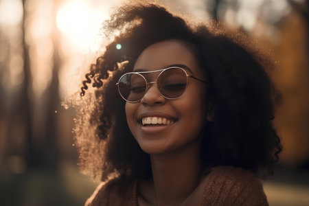 Portrait of a beautiful young african american woman in sunglassesの素材