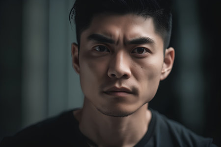 Portrait of asian man looking at camera. Close up.の素材
