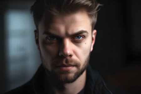 Portrait of a young man with a beard on a dark backgroundの素材
