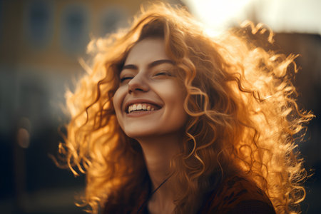 Portrait of a beautiful young woman with curly hair in the cityの素材