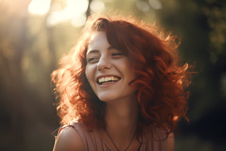 Portrait of beautiful young woman with red curly hair in the parkの素材