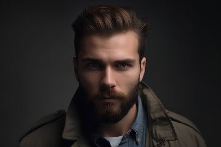 Portrait of a handsome young man over dark background. Men's beauty, fashion.の素材