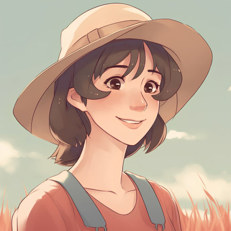 Girl in a hat on a background of blue sky and grass.の素材