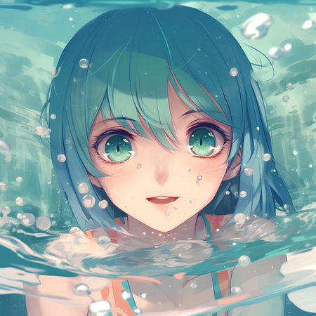 cartoon illustration of a cute girl underwater in a pool with bubblesの素材