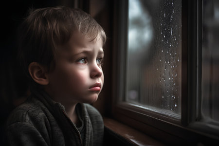 Sad little boy looking out the window at the rain in rainy dayの素材