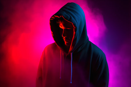 Silhouette of a man in a hood on a background of colored smoke.の素材