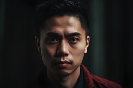 Portrait of a handsome asian man in red shirt on dark backgroundの素材