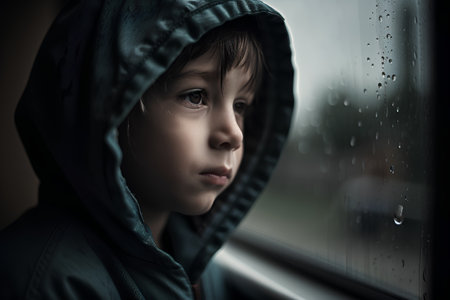 Portrait of sad little boy in raincoat looking through the windowの素材