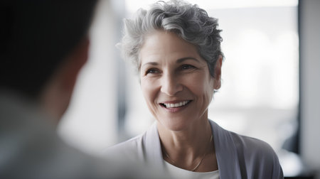 Portrait Of Mature Businesswoman Talking To Colleague In Officeの素材