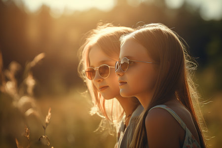 Portrait of two little girls in sunglasses on the summer field.の素材