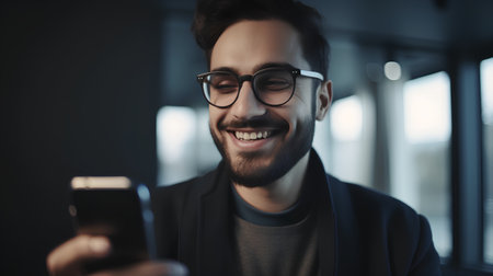 Cheerful young man in eyeglasses using smartphone and smilingの素材