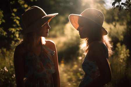 Two beautiful young women in hats standing in a field at sunset.の素材