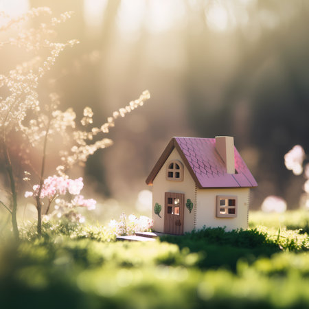 Small toy house on the green grass. Concept of real estate.の素材